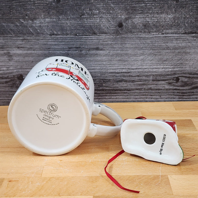 Load image into Gallery viewer, Retro Christmas Camper Mug & Matching Ornament Set Holiday & Gift Box Blue Sky