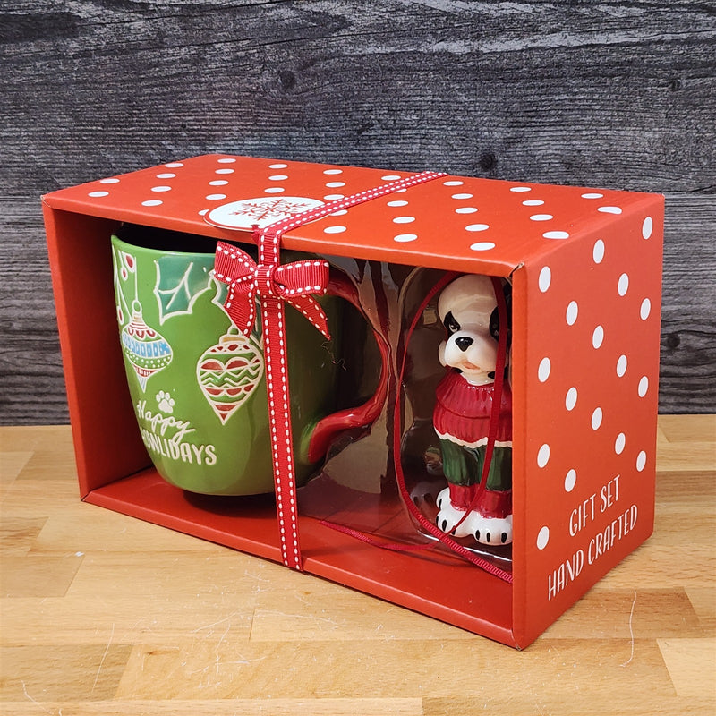 Load image into Gallery viewer, Retro Christmas Mug & Dog Ornament Set Holiday with Gift Box Blue Sky