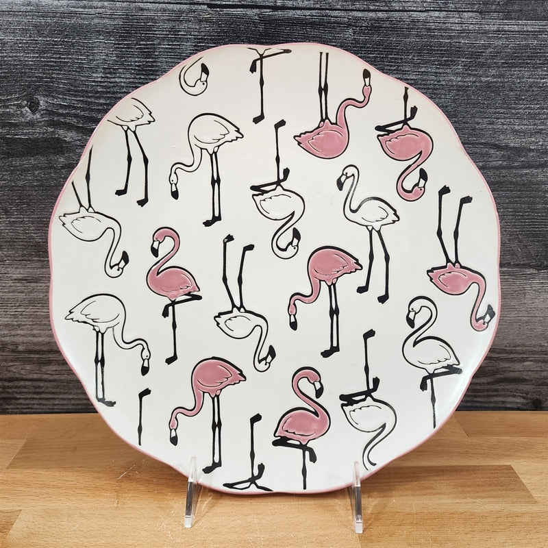 Load image into Gallery viewer, Pink Flamingo Dinner Plate Whimsical Repeat Embossed Ceramic 11" Blue Sky