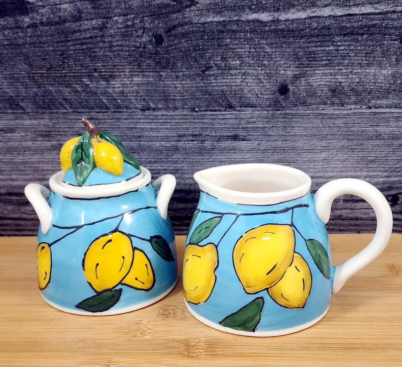 Load image into Gallery viewer, Lemon Sky Sugar Bowl & Creamer Set Ceramic Floral Deco Blue Sky Heather Goldminc