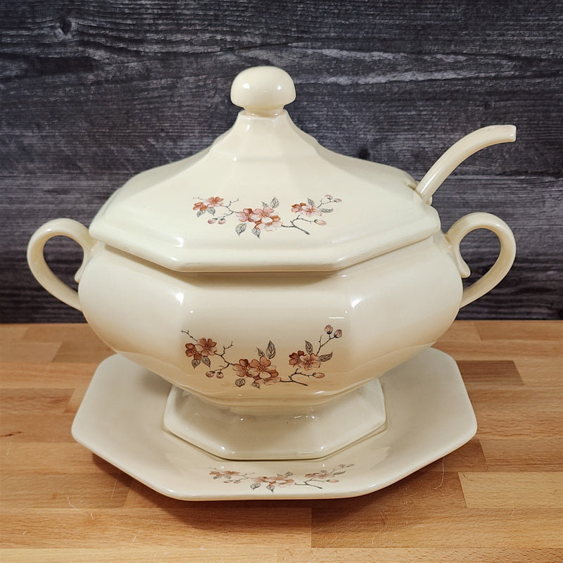 Load image into Gallery viewer, Soup Tureen Set Lid, Ladle & Tray Vintage Floral Ceramic Artisan Signed J. Hov