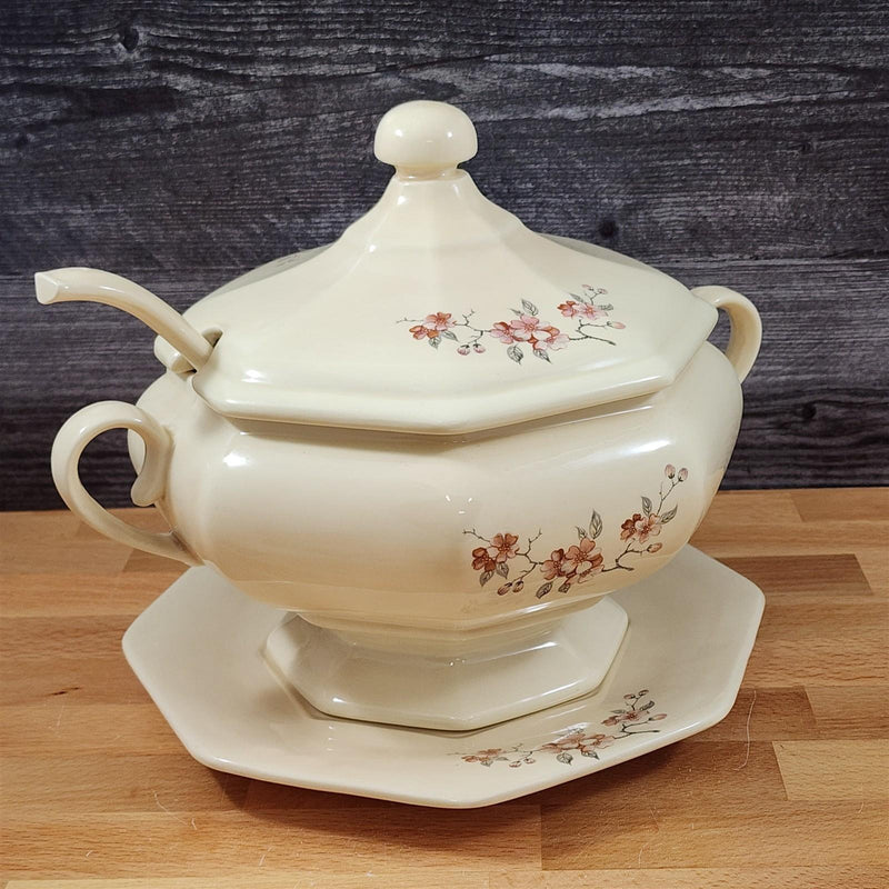 Load image into Gallery viewer, Soup Tureen Set Lid, Ladle & Tray Vintage Floral Ceramic Artisan Signed J. Hov