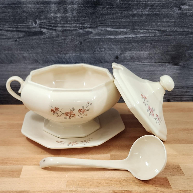 Load image into Gallery viewer, Soup Tureen Set Lid, Ladle & Tray Vintage Floral Ceramic Artisan Signed J. Hov