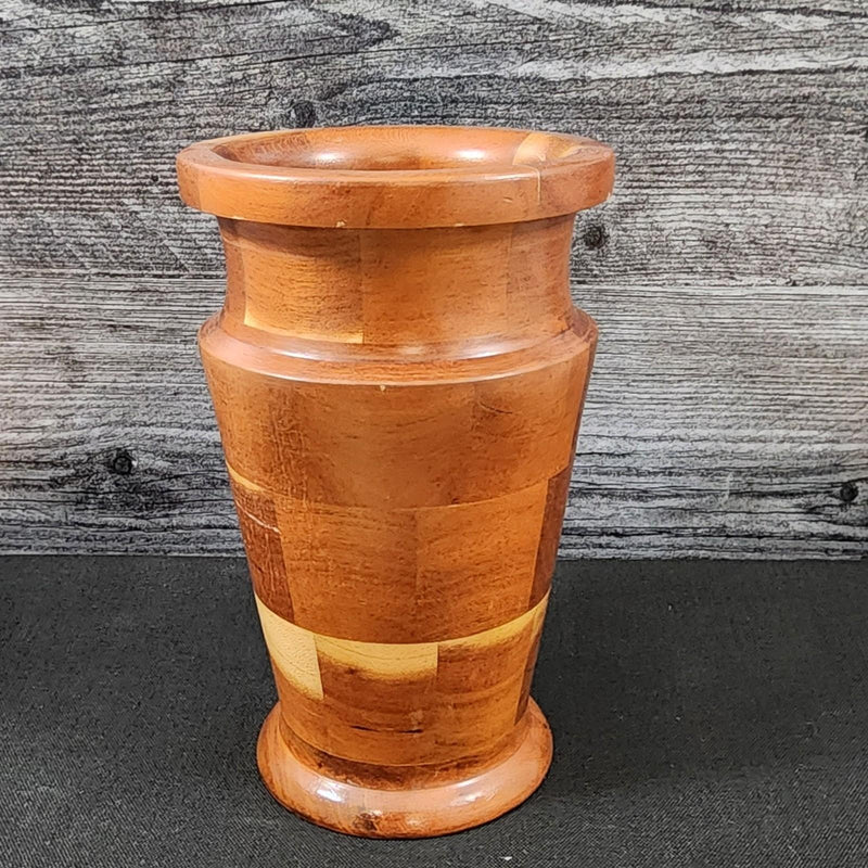 Load image into Gallery viewer, Mid Century Style Solid Wood Vase Natural Finish Handcrafted Marquetry Segmented