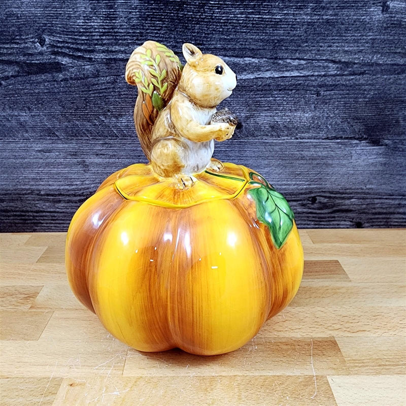 Load image into Gallery viewer, Harvest Time Pumpkin Squirrel Cookie Treat Snack Candy Jar Ceramic by Blue Sky