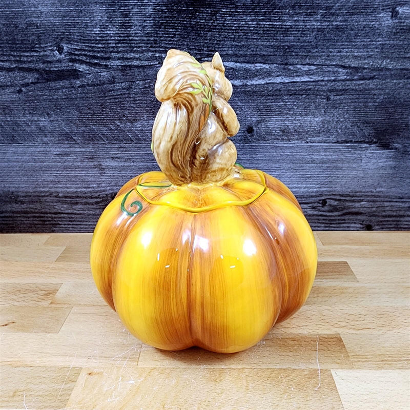 Load image into Gallery viewer, Harvest Time Pumpkin Squirrel Cookie Treat Snack Candy Jar Ceramic by Blue Sky