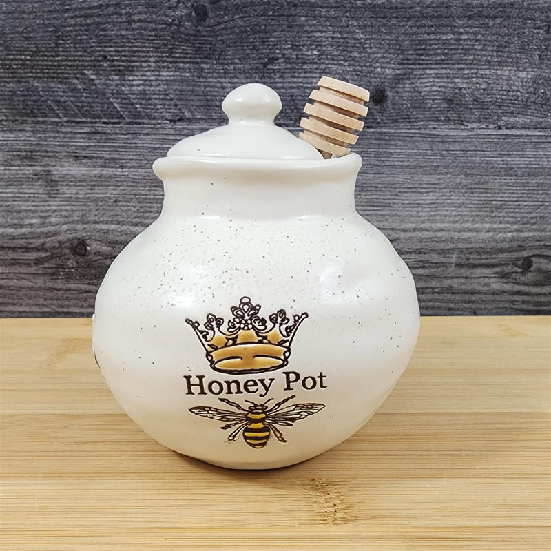Load image into Gallery viewer, Old English Honey Pot Canister Ceramic With Wood Dipper Stick By Blue Sky