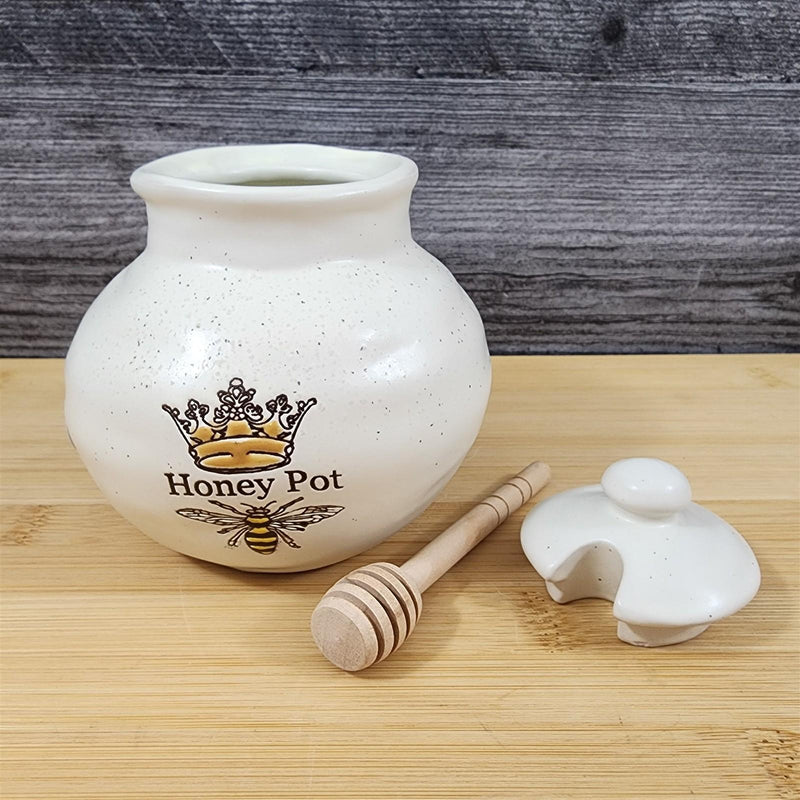 Load image into Gallery viewer, Old English Honey Pot Canister Ceramic With Wood Dipper Stick By Blue Sky