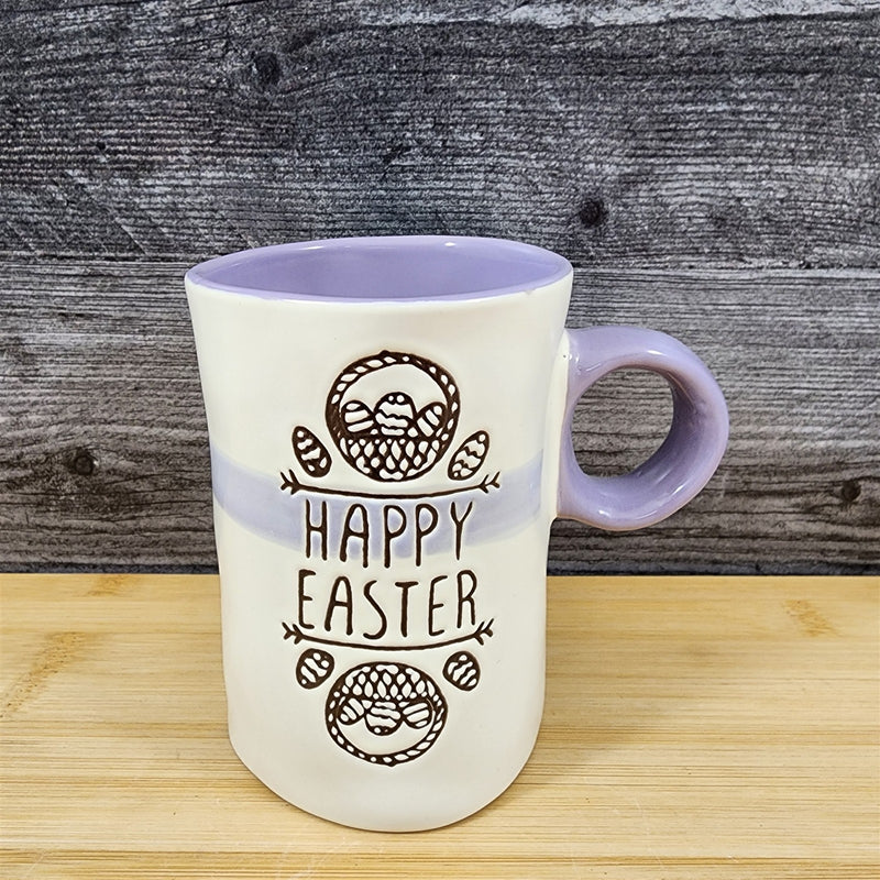 Load image into Gallery viewer, Easter Bunny Mug “Happy Easter” Spring Pastel Purple Inside Ceramic Cup Blue Sky
