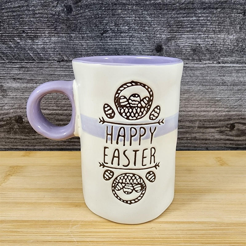 Load image into Gallery viewer, Easter Bunny Mug “Happy Easter” Spring Pastel Purple Inside Ceramic Cup Blue Sky