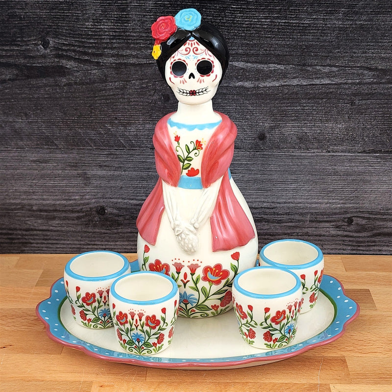Load image into Gallery viewer, Day of the Dead Decanter Set 6pc Sugar Skull Bottle 4 Shot Cups Platter Blue Sky