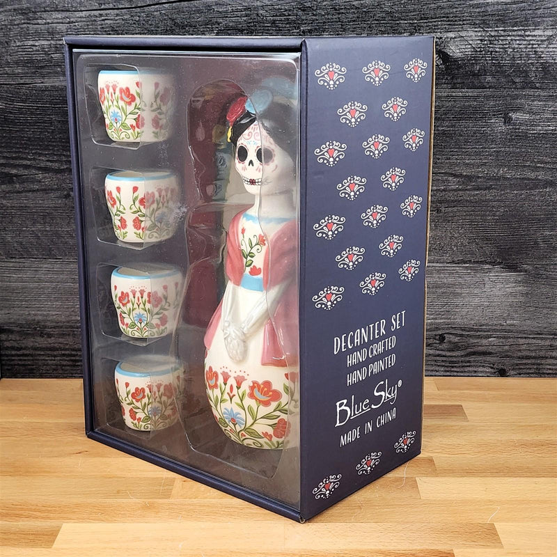 Load image into Gallery viewer, Day of the Dead Decanter Set 6pc Sugar Skull Bottle 4 Shot Cups Platter Blue Sky