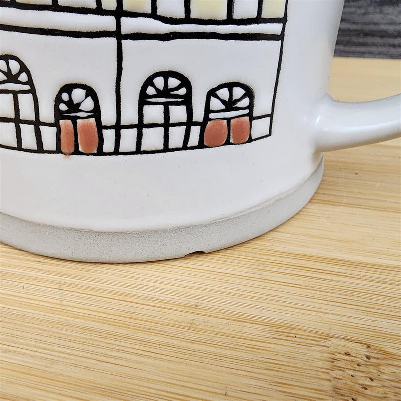 Load image into Gallery viewer, Whimsical Cityscape Coffee Mug Pastel Design Pink Interior Pottery Cup Blue Sky