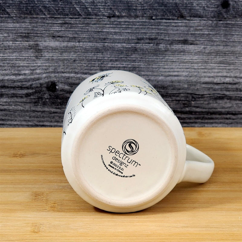 Load image into Gallery viewer, Bee and Flower Garden Themed Coffee Mug 18oz White Yellow Ceramic Cup Blue Sky