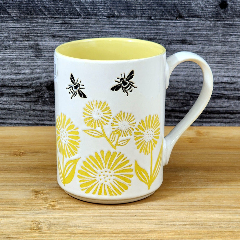 Load image into Gallery viewer, Bee and Floral Themed Coffee Mug 18oz Embossed White Yellow Ceramic Cup Blue Sky