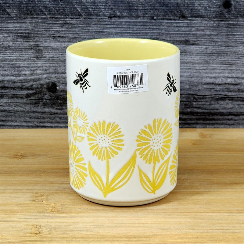 Load image into Gallery viewer, Bee and Floral Themed Coffee Mug 18oz Embossed White Yellow Ceramic Cup Blue Sky