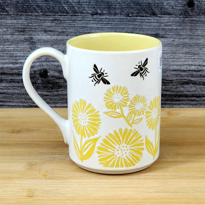 Load image into Gallery viewer, Bee and Floral Themed Coffee Mug 18oz Embossed White Yellow Ceramic Cup Blue Sky