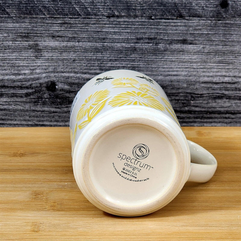 Load image into Gallery viewer, Bee and Floral Themed Coffee Mug 18oz Embossed White Yellow Ceramic Cup Blue Sky