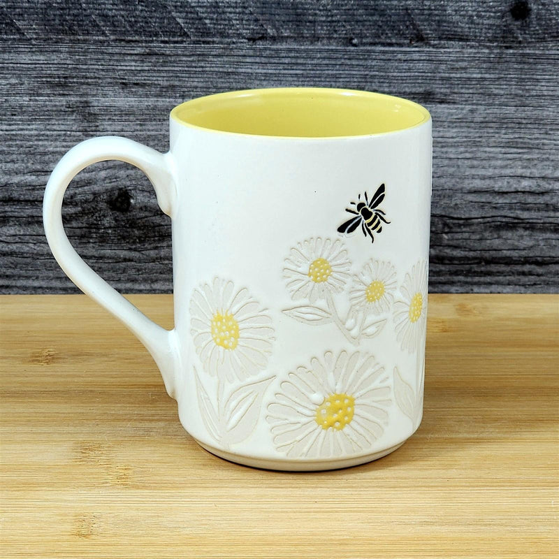 Load image into Gallery viewer, Bee Themed Coffee Mug 18oz Embossed Floral White Yellow Ceramic Tea Cup Blue Sky