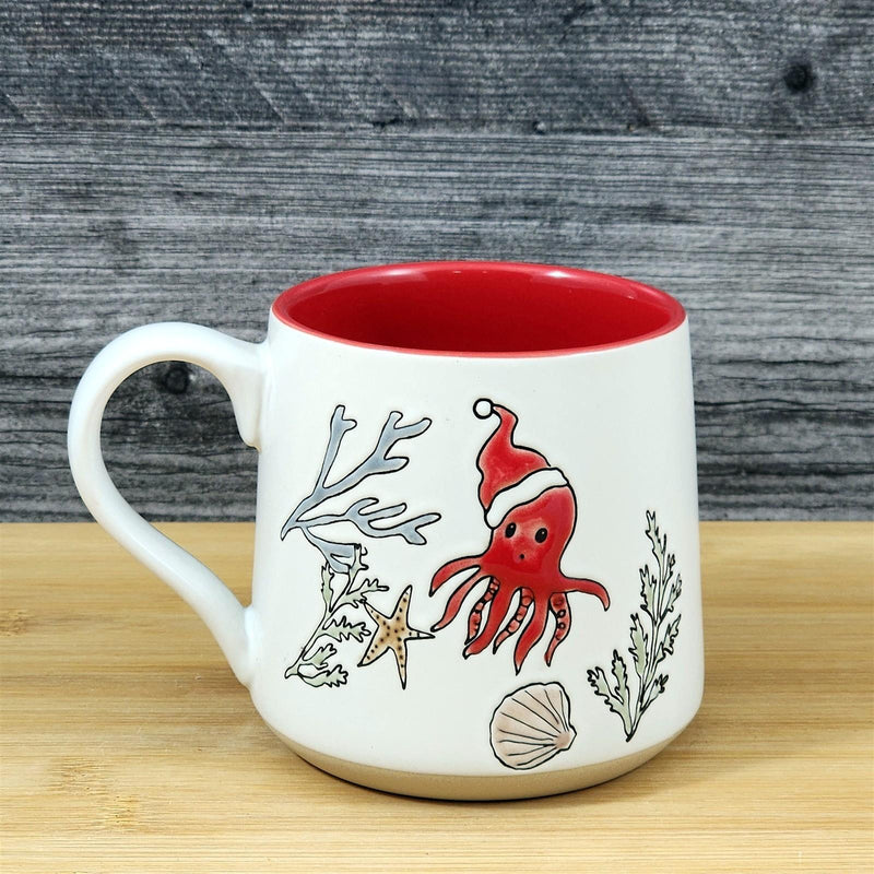 Load image into Gallery viewer, Christmas Octopus Coffee Mug Santa Hat Ceramic Nautical Holiday Cup Blue Sky