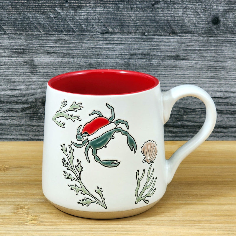 Load image into Gallery viewer, Christmas Beach Crab Coffee Mug Santa Hat Ceramic Nautical Holiday Cup Blue Sky