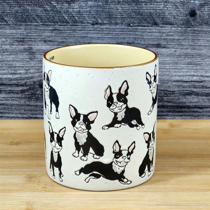 Load image into Gallery viewer, Boston Terrier Coffee Mug Boxwood Bull Dog Breed Ceramic Tea Cup Blue Sky 21oz