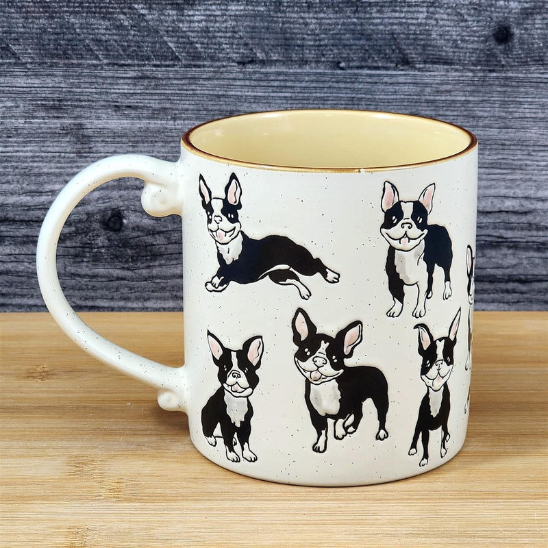 Load image into Gallery viewer, Boston Terrier Coffee Mug Boxwood Bull Dog Breed Ceramic Tea Cup Blue Sky 21oz