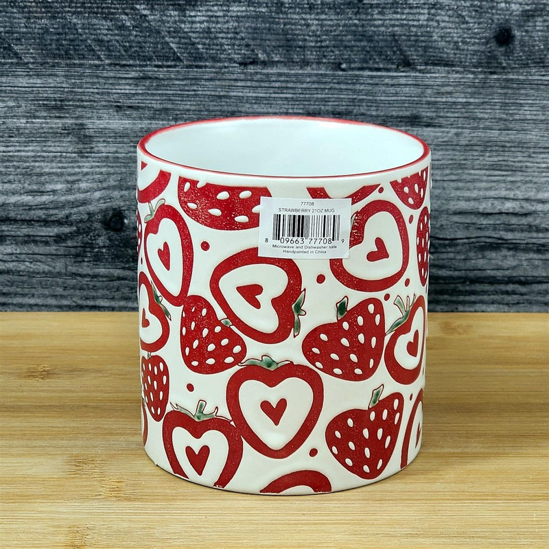 Load image into Gallery viewer, Strawberry Mug Coffee Tea Cup 21oz Red and White Heart Handle Ceramic Blue Sky