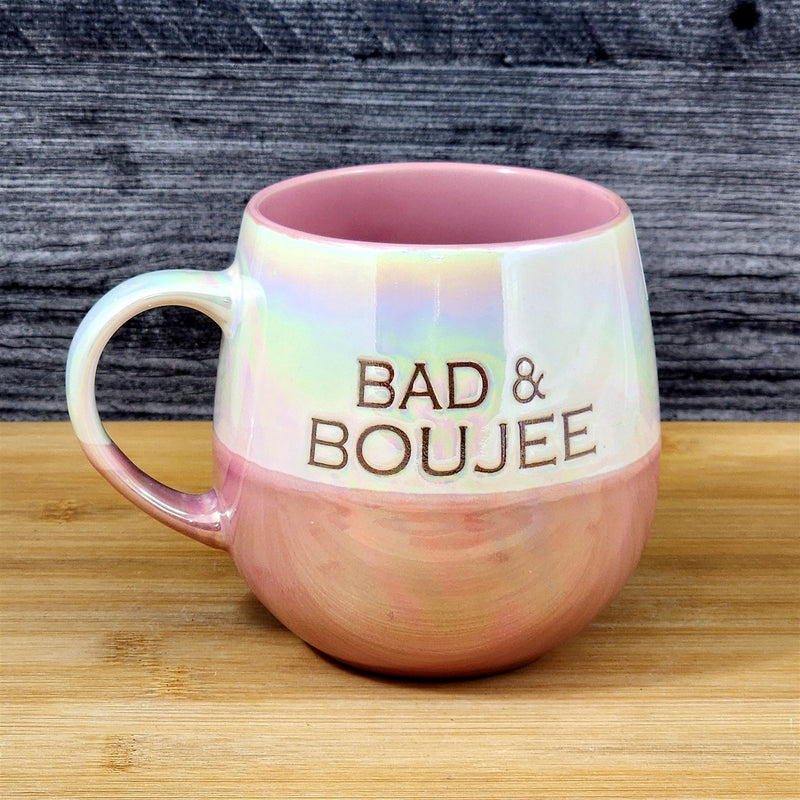 Load image into Gallery viewer, Bad & Boujee Mug Luster Glaze Pink Ceramic Coffee Cup Funny Glam Blue Sky 21oz