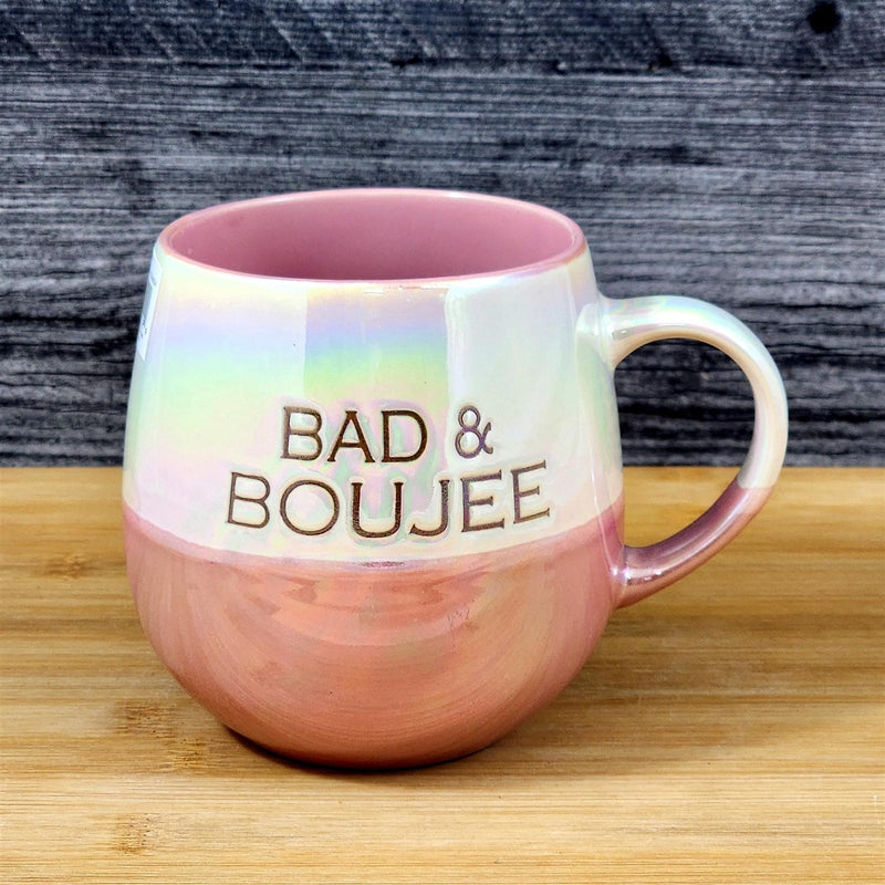 Load image into Gallery viewer, Bad & Boujee Mug Luster Glaze Pink Ceramic Coffee Cup Funny Glam Blue Sky 21oz