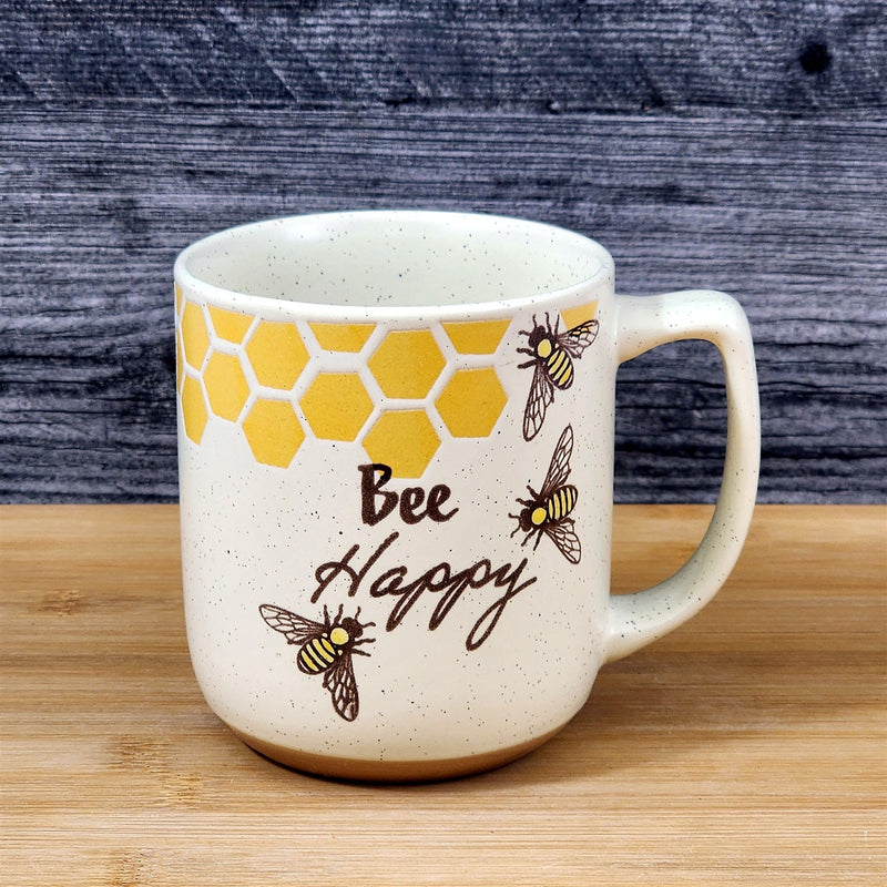 Load image into Gallery viewer, Bee Happy Coffee Mug 16oz Embossed Floral White Yellow Ceramic Tea Cup Blue Sky