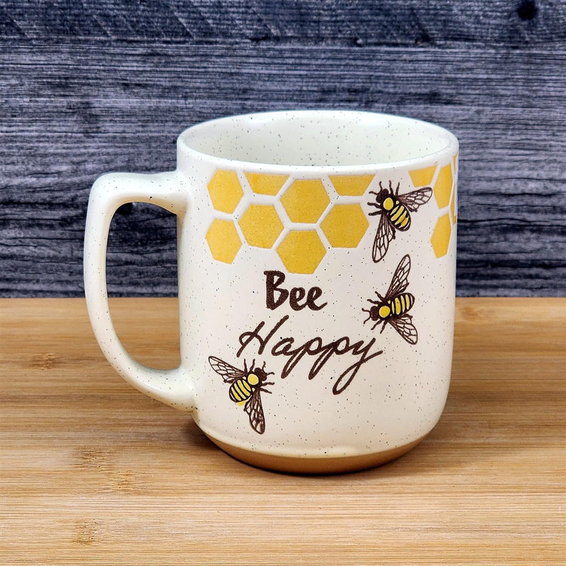Load image into Gallery viewer, Bee Happy Coffee Mug 16oz Embossed Floral White Yellow Ceramic Tea Cup Blue Sky