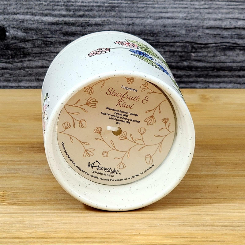 Load image into Gallery viewer, Garden Flowers Stoneware Candle Starfruit Kiwi Scent Essential Oils Blue Sky