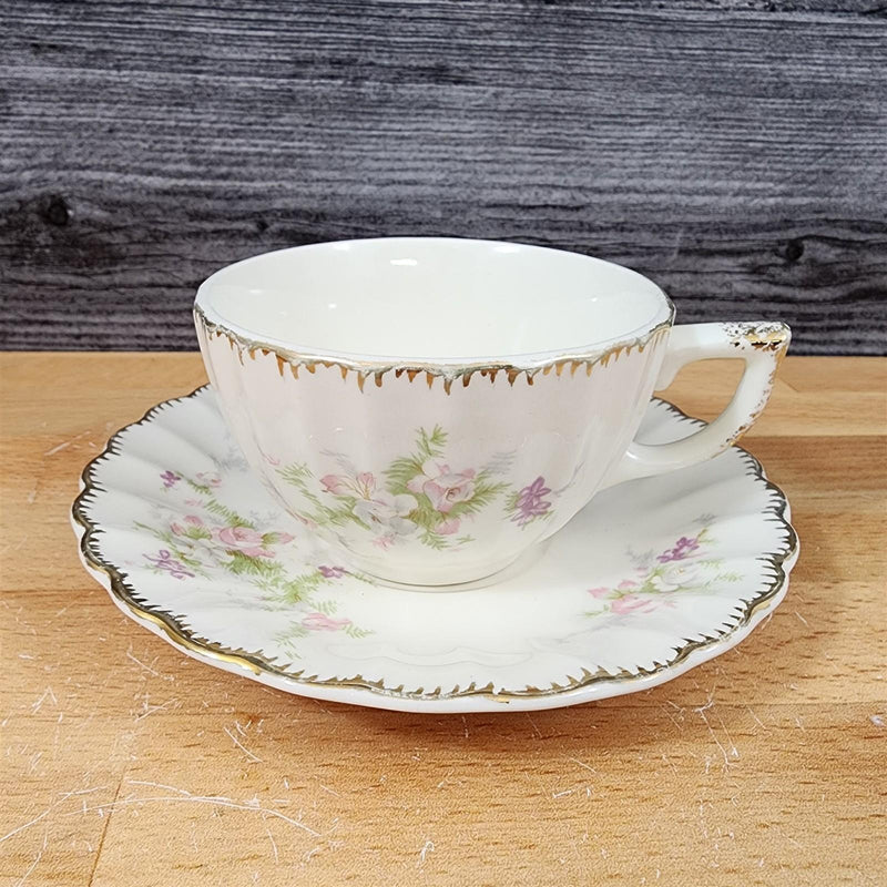 Load image into Gallery viewer, Limoges Floral Cup Saucer Set of 2 La France USA 22 K Gold Scalloped Edge Trim