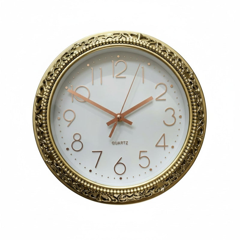 Load image into Gallery viewer, Gold Tone Round Wall Clock Rose Gold Numbers Elegant Home Wall Decor Plastic 12"