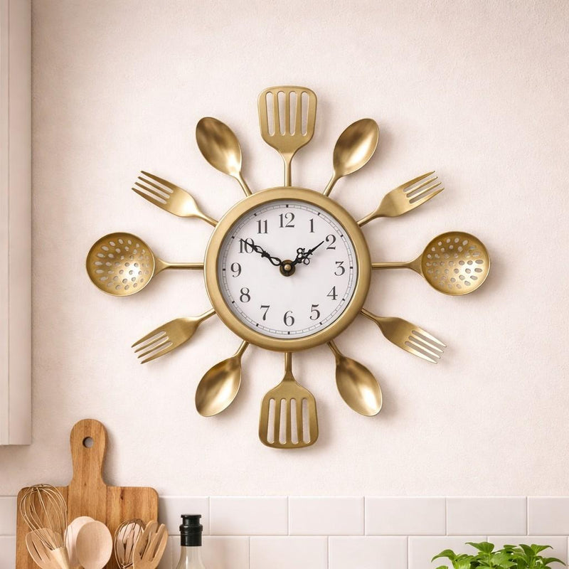 Load image into Gallery viewer, Gold Cooking Utensil Wall Clock Chef Kitchen Home Decor Plastic 12" Fork Spoon