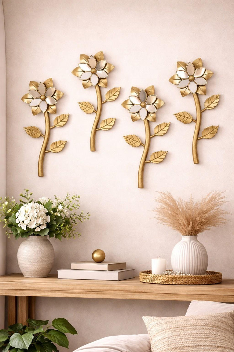 Load image into Gallery viewer, Gold Flower Mirrored Wall Hangings Set of 4 Sculpture Garden Style Home Decor