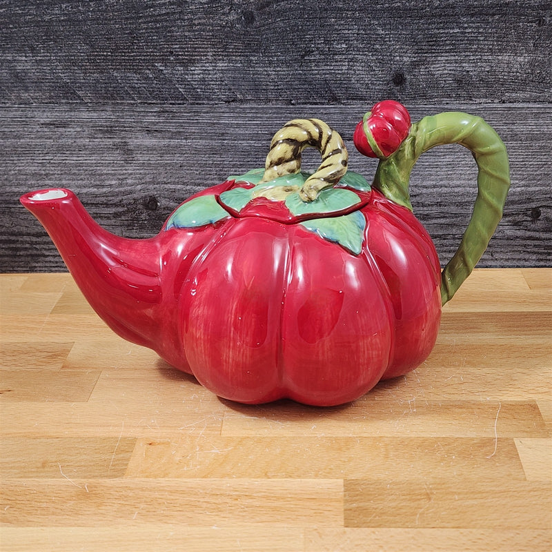 Load image into Gallery viewer, Tomato Teapot Whimsical Floral Fresh Garden Tea Pot Ceramic Blue Sky Goldminc