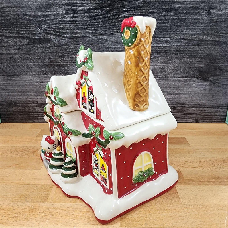 Load image into Gallery viewer, Hello Kitty and Friends Cookie Jar Whimsical Gingerbread House Blue Sky Ceramic