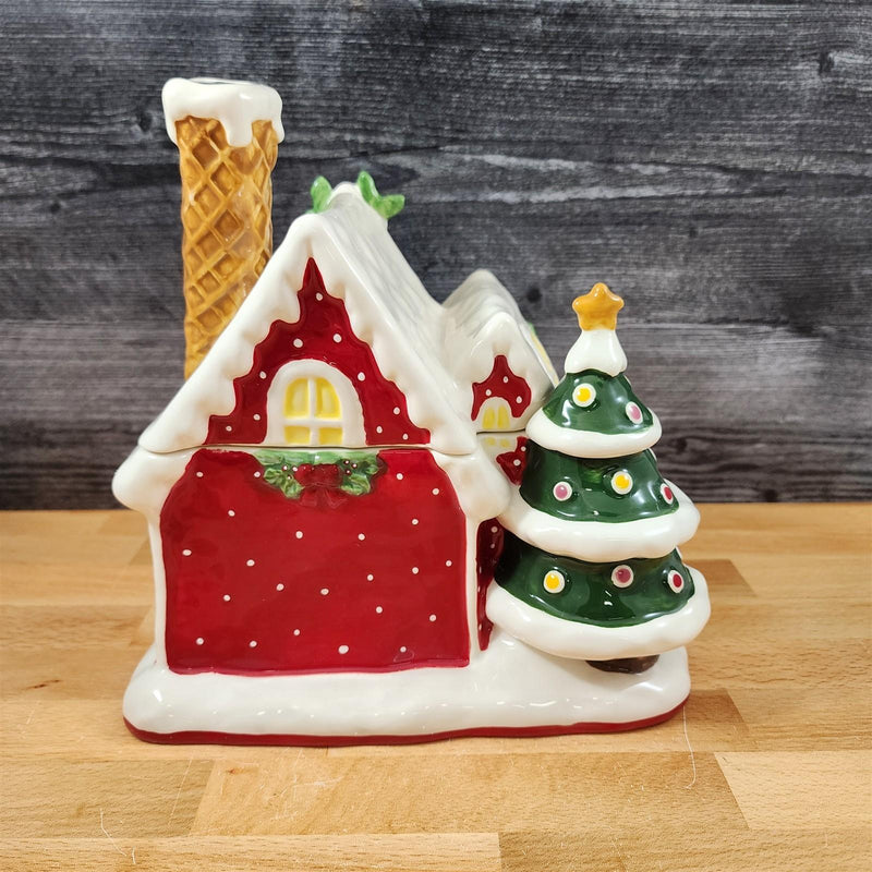 Load image into Gallery viewer, Hello Kitty and Friends Cookie Jar Whimsical Gingerbread House Blue Sky Ceramic