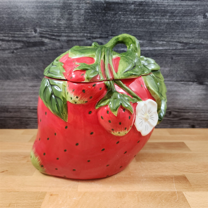 Load image into Gallery viewer, Strawberry Cookie Jar Red Whimsical Cottage Kitchen Blue Sky Ceramic Goldminc