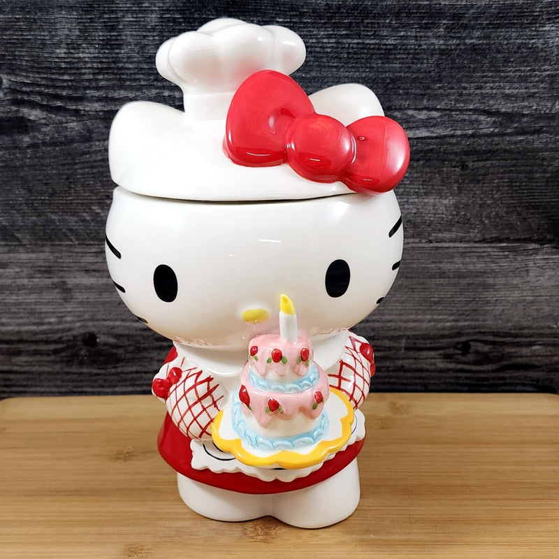 Load image into Gallery viewer, Hello Kitty Birthday Bakery Cookie Jar White Ceramic Blue Sky Goldminc Sanrio