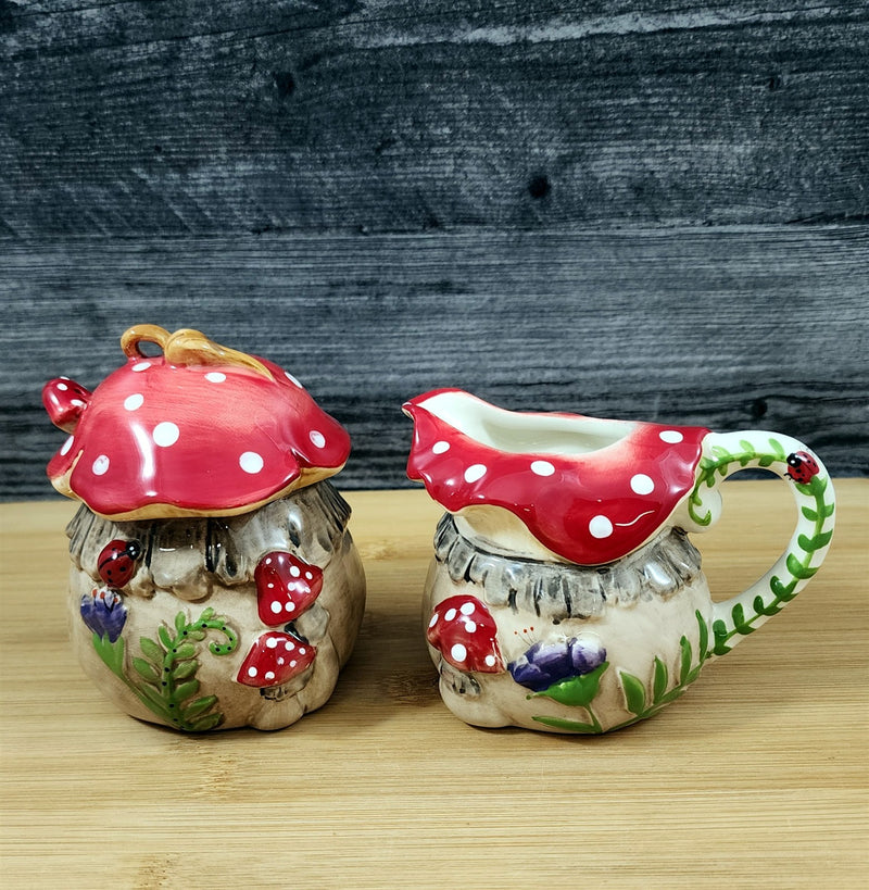 Load image into Gallery viewer, Toadstool Mushroom Sugar Bowl Creamer Set Ceramic Woodland Blue Sky Goldminc