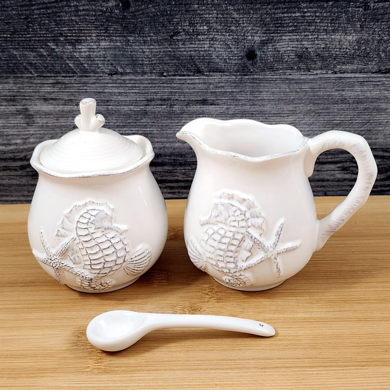 Load image into Gallery viewer, Coastal Seahorse Cream Sugar Set with Spoon White Beach Nautical Blue Sky Decor