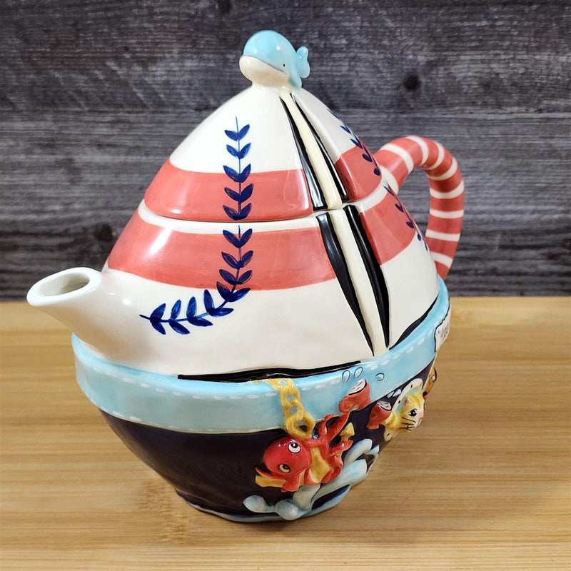 Load image into Gallery viewer, Tea On The Sea Teapot Nautical Sailboat Coastal Sea Ceramic Blue Sky Goldminc