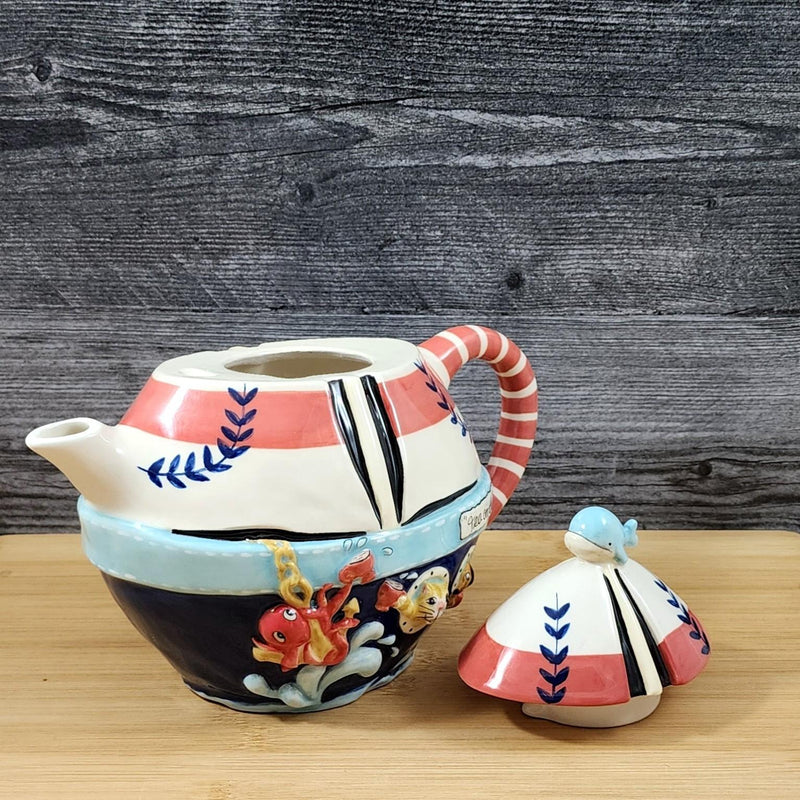 Load image into Gallery viewer, Tea On The Sea Teapot Nautical Sailboat Coastal Sea Ceramic Blue Sky Goldminc