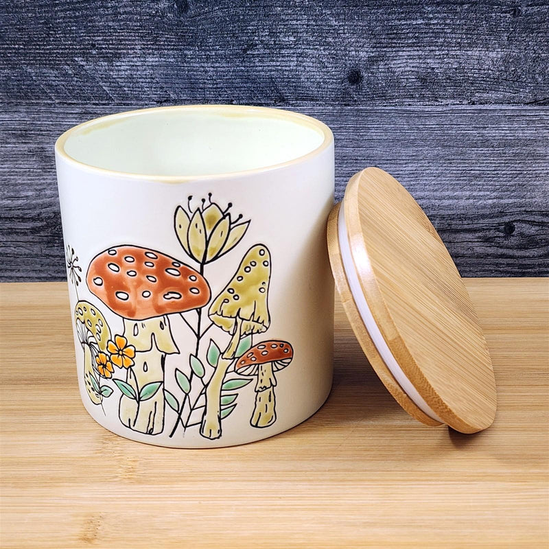Load image into Gallery viewer, Garden Mushroom Canister Embossed Ceramic Blue Sky 5" Kitchen Utensil Holder