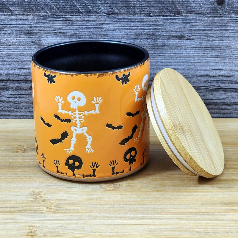 Load image into Gallery viewer, Halloween Skeletons Canister and Bamboo Lid Embossed 4" Ceramic Jar Blue Sky