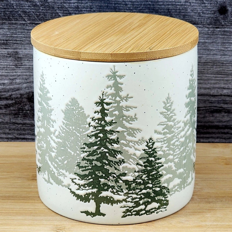 Load image into Gallery viewer, Forest Woods Tree's Canister & Bamboo Lid Embossed Ceramic Green Jar Blue Sky 5"