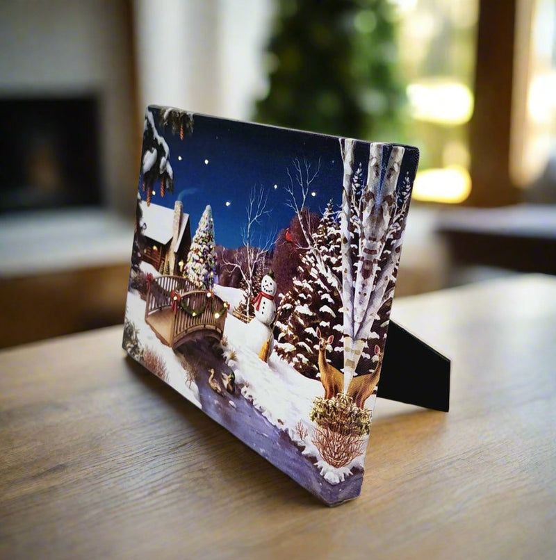 Load image into Gallery viewer, LED Lit Winter Scene with Snowman lighted Canvas Wall or Tabletop Picture Art